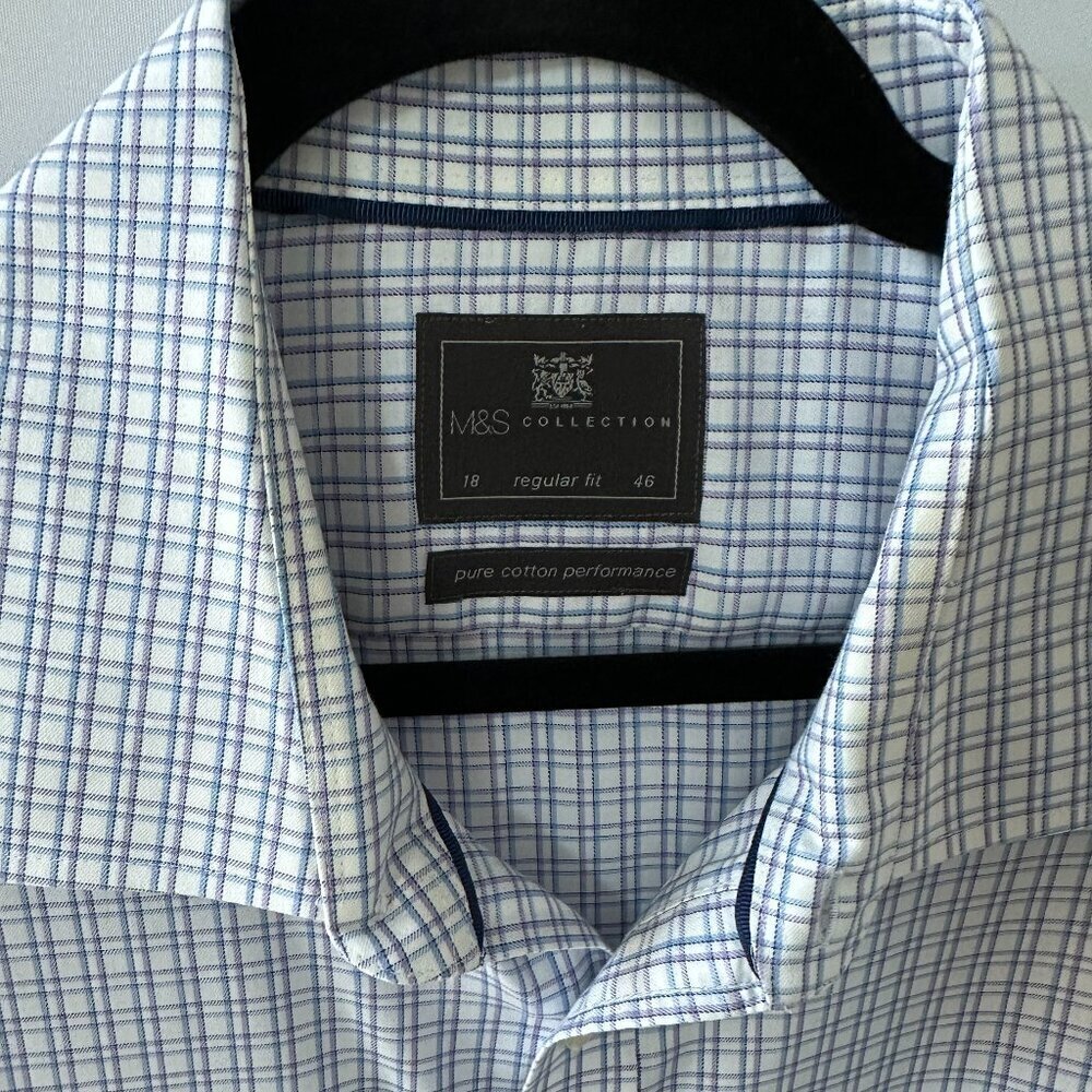 Marks & Spencer Blue, Purple & White Checked Men's Dress Shirt  100% Cotton - Picture 2 of 14